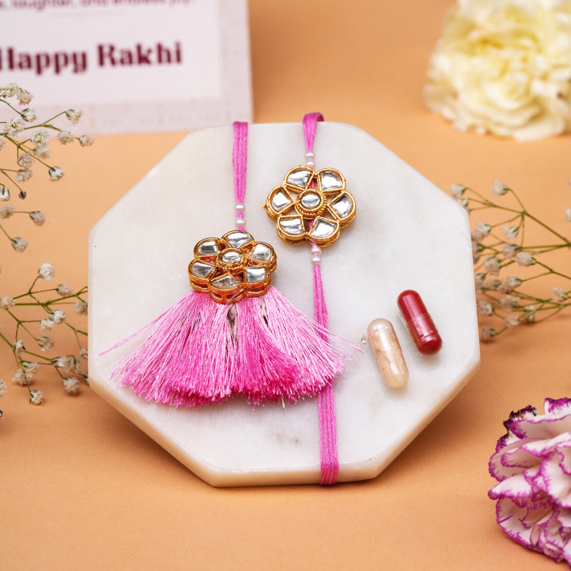 Kundan Pink Rakhi Set for Bhai Bhabhi